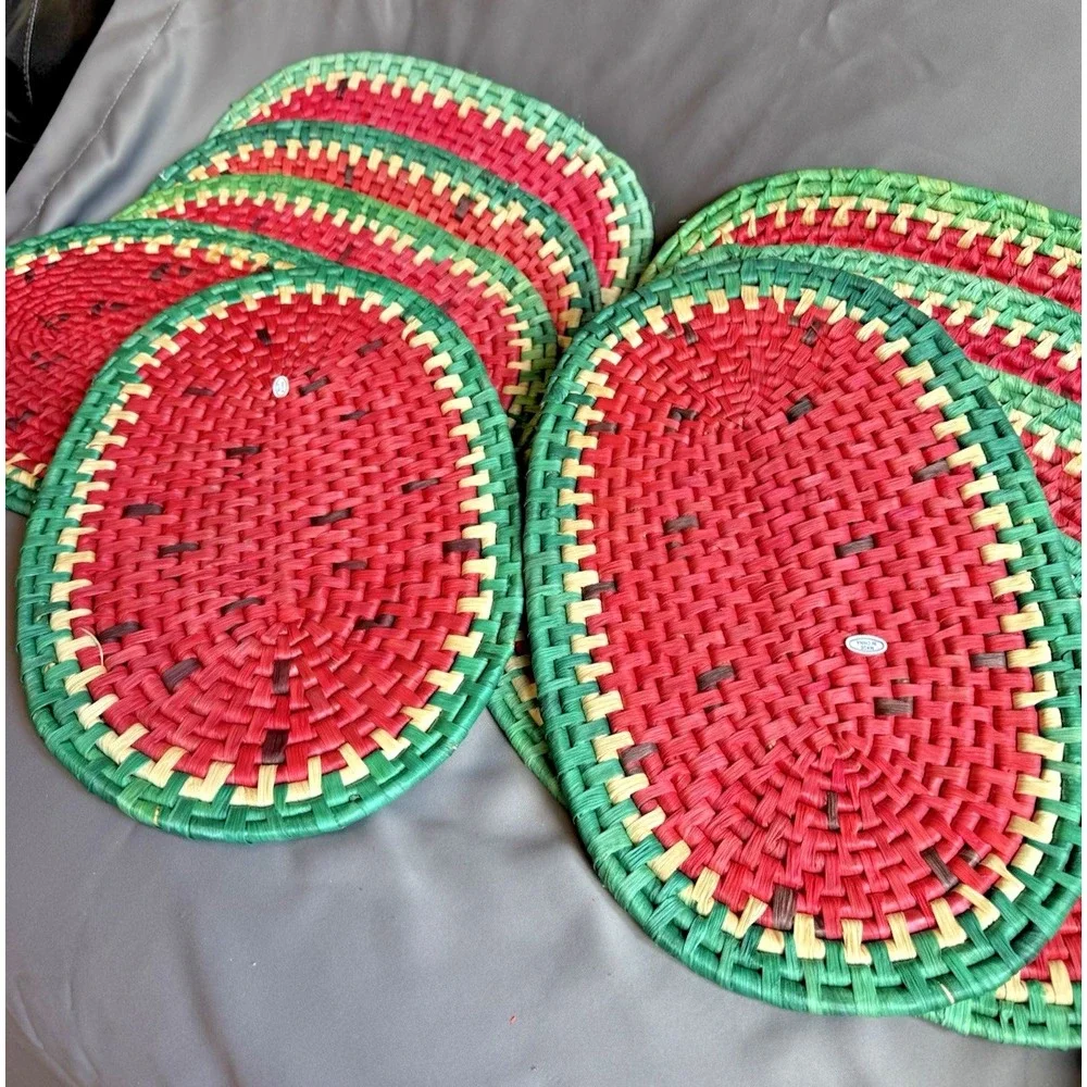 (10) Vtg Watermelon Red Green Hand Woven Rattan Oval Placemats‎ Summer Party